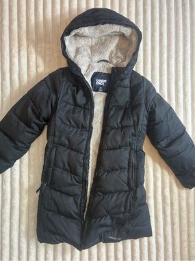Lands’ End Girls Hooded Puffer Coat in Black & Cream, Size M (5–6)